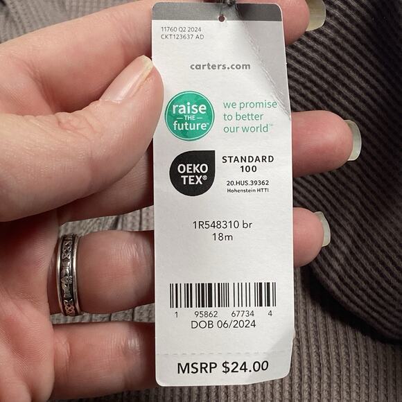 Carter's Baby One Piece Jumpsuit Size 18M Zip-Up Hooded Waffle Knit Brown Ears - Picture 6 of 6